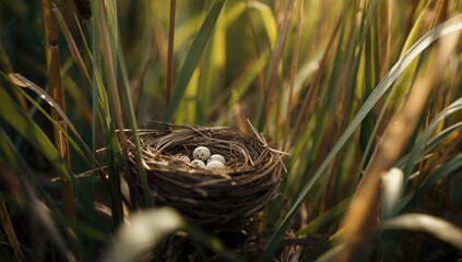 Obraz premium Birds nest nestled among reeds highlighting natural materials used for bird shelter, conservation focus