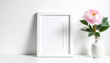 Empty white picture frame next to vase with pink peony and green leaves, against white wall