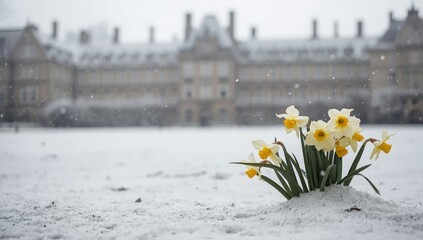 White snow blanketing daffodils on a university campus, illustrating winter dormancy and plant resilience, seasonal change