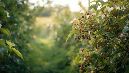 Blackberry orchard with flowering plants and early green berries, illustrating agricultural development