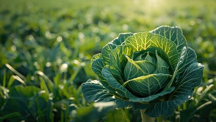 Closeup of green cabbage leaves in an outdoor farm setting, highlighting crop cultivation and sunlight exposure