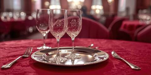 Reflective silver glasses arranged on a silver dish with a red tablecloth background, emphasizing table presentation