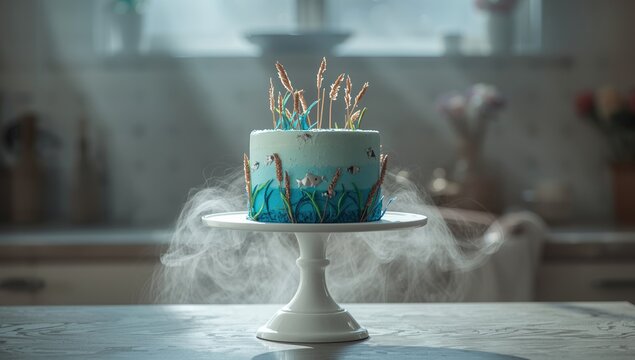 Blue cake featuring water-themed decoration with fish, pond, reeds, designed for layout backgrounds