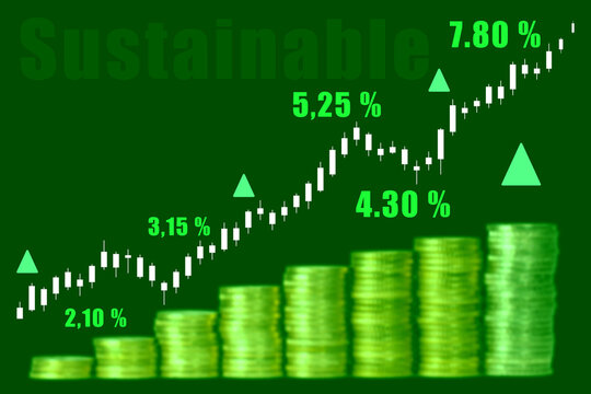 Green or sustainable investment, rising chart with coins. Stock market, investment, wealth, grwoth, sustainable business, responsiblitiy.