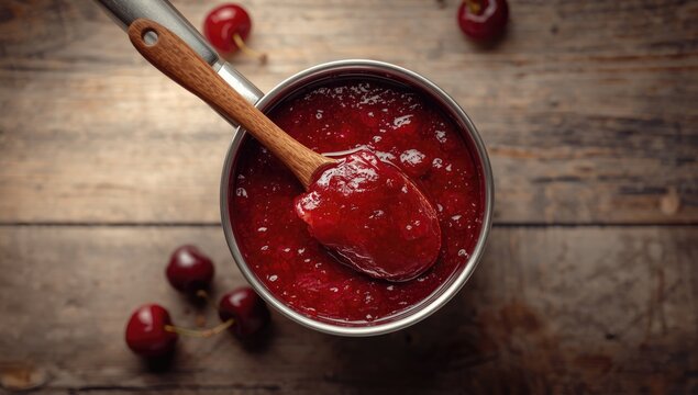 Rich-colored cherry jam in a pot ready for processing, highlighting fruit-based preservation methods