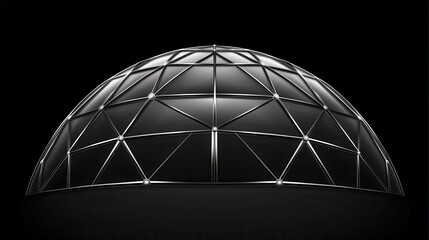 A gleaming geodesic dome structure made of polished metal frames and triangular panels against a dark background
