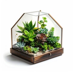 Glass Terrarium, Succulent Garden, Displaying Plants in a Wooden Base, Isolated on White Background.