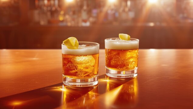 Close-up of whiskey sour cocktails with ice and lemon slices, emphasizing drink presentation and serving style