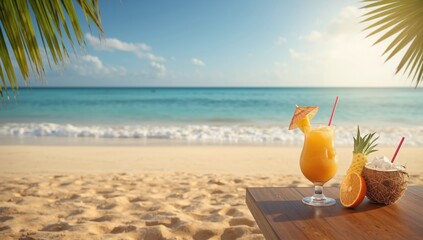 Colorful tropical cocktails on the beach, ideal for beachside social gatherings