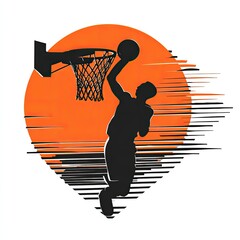 Basketball Sport Logo Orange hoop with net black silhouette dunking motion streaks urban court vibe isolated on white background