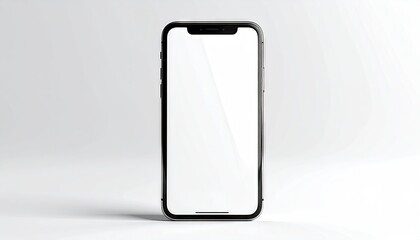Sleek smartphone displays blank screen, standing upright on white surface