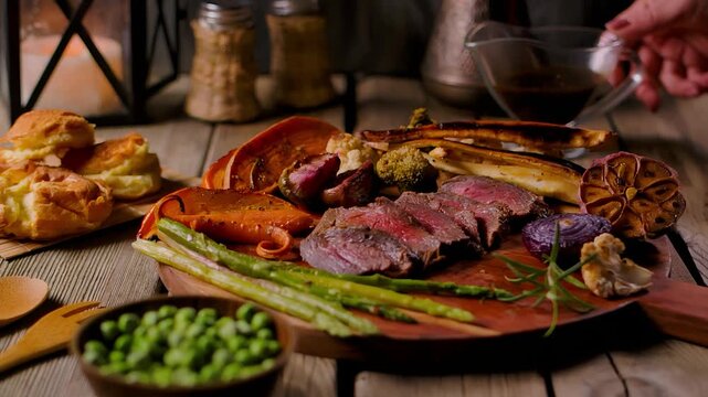 Gravy pouring from boat onto appetizing juicy beef Sunday roast with roasted vegetables. Delicious healthy family dinner. Traditional homemade meat meal