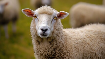Obraz premium A white sheep with orange ears and a white face, standing in a grassy field with other sheep in the background.