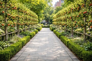 Urban styled apple orchard with trimmed espaliers and stone walkway plus copy space