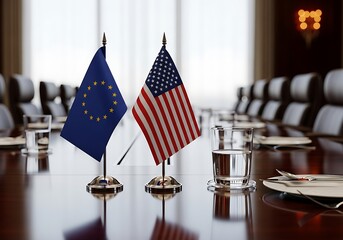 EU and US Flags on Conference Table in Modern Boardroom Representing Diplomatic Negotiations and Transatlantic Relations