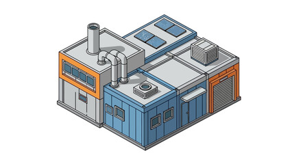 Isometric illustration of a modern industrial building with solar panels and ventilation systems, suitable for business and technology concepts