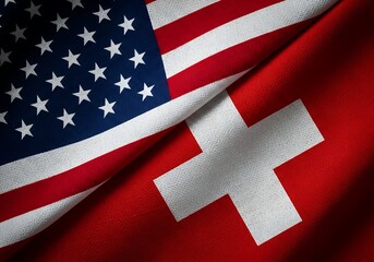American and Swiss flags draped together symbolizing international cooperation trade and global alliance, representing economic partnership and diplomatic relations in dramatic shadowed light
