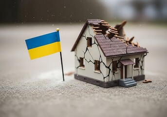 Severely damaged miniature house next to the small Ukrainian flag representing war destruction and crisis, massive property loss and civilian housing devastation, bleak and somber outdoor lighting