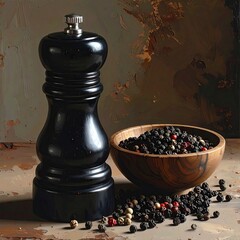 and keyword list based on the image

 Pepper grinder next to wooden bowl of peppercorns on textured table