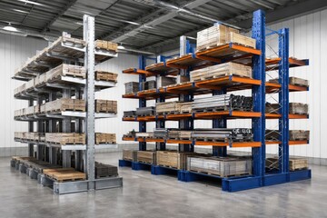 Obraz premium Aluminum and steel cantilever racking designed for warehouse pallet storage and industrial use