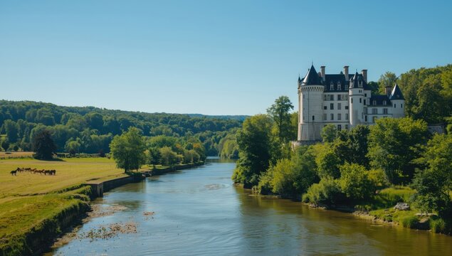 Scenic view of a castle nestled in the Eure and Loir Valley in summer, highlighting landform and travel appeal