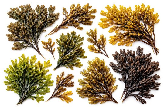 Assorted dyers fucus and sea oak seaweed species on white backdrop