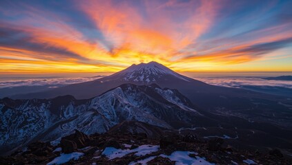 Sunrise over rugged mountain terrain, designed for landscape backgrounds in articles or presentations, seasonal change