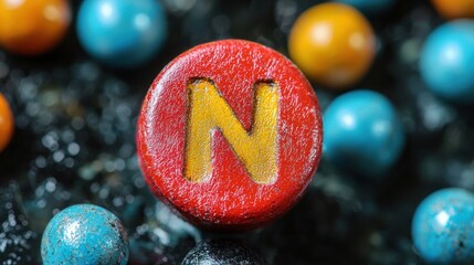 A red wooden letter N on a colorful background.