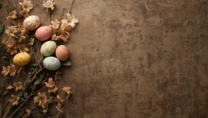 Easter display featuring dyed quail and chicken eggs arranged on a rustic textured surface, cultural observance