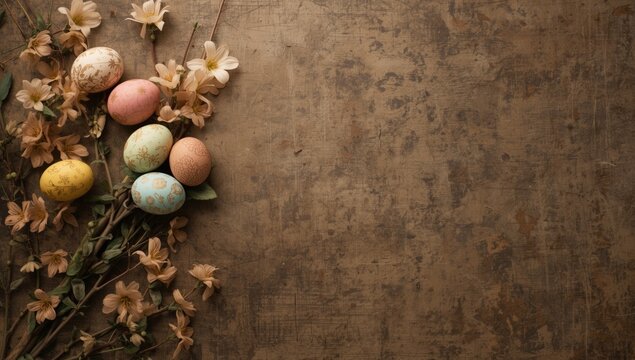 Easter display featuring dyed quail and chicken eggs arranged on a rustic textured surface, cultural observance