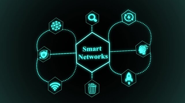 Smart networks concept illustrating interconnected digital nodes, intelligent routing paths, centralized system control, and scalable futuristic infrastructure.