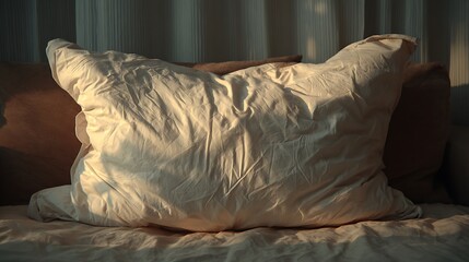 Soft pillow bathed in warm sunlight on a bed