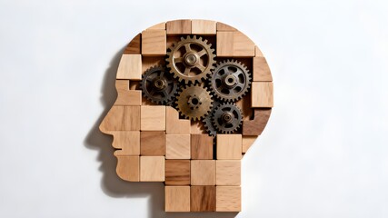 Conceptual Mind: Gears in a Wooden Head Silhouette