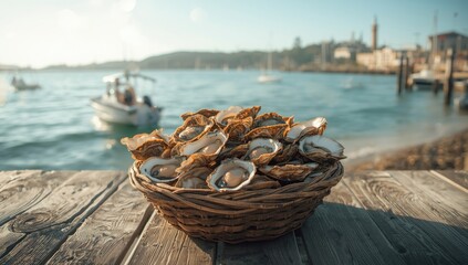 Collection of oyster shells in a marina setting, emphasizing coastal textures for outdoor signage design
