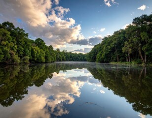 Verdant forest meets still water under dramatic clouds.