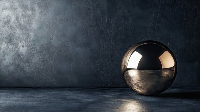 A gleaming polished tungsten abstract sphere rests on a dark textured surface under dramatic studio lighting