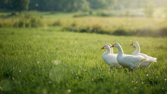 White geese gathered on vibrant green pasture, highlighting agricultural wildlife, World Environment Day