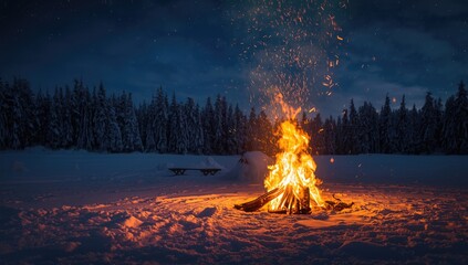 Outdoor bonfire providing heat and illumination amid a snowy landscape during winter