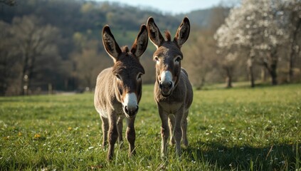 A pair of playful donkeys at a petting zoo, highlighting livestock engagement and socialization