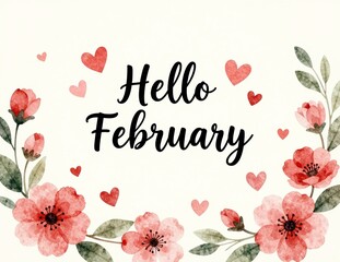Hello February greeting. Watercolor pink flowers and red hearts frame the text on a cream background, illustration, Valentine's Day, floral, romantic, spring.