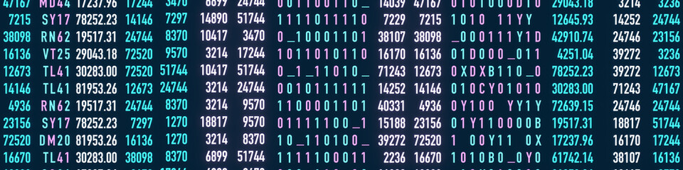 Screen with data, interface, binary code, machine code. Research, analyzing, binary code, science, numbers. 3D animation