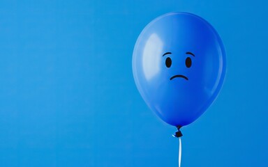 Blue Monday concept. Sad face on blue balloon against blue background, mental health, unhappy.