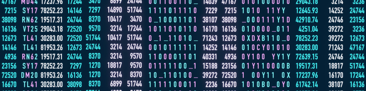 Screen with data, interface, binary code, machine code. Research, analyzing, binary code, science, numbers. 3D animation