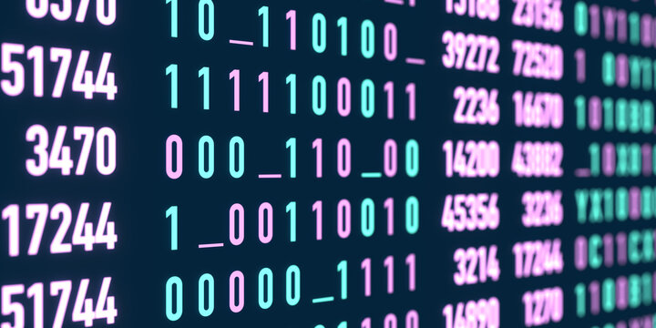 Close up interface, binary code, data, machine code. Research, analyzing, binary code, science, numbers. 3D illustration