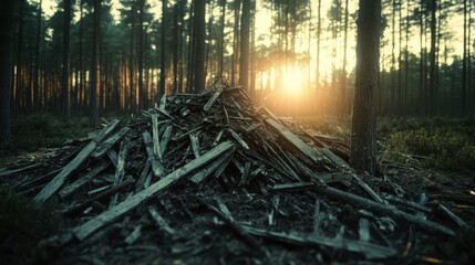 A large pile of splintered untreated wood debris lies in a sunlit forest at dawn or dusk with golden light filtering through the trees