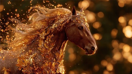 Chinese New Year 2026 horse. Majestic brown horse decorated with shimmering golden autumn leaves and foliage, zodiac, lunar new year, celebration, prosperity, animal.
