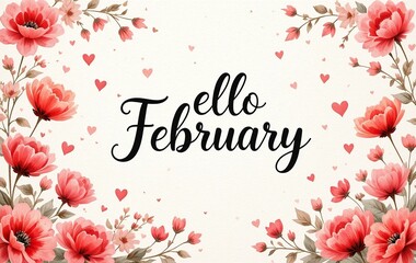 Hello February greeting. Floral frame with red flowers and hearts on a cream background, celebration, Valentine's Day, spring, romantic, seasonal.