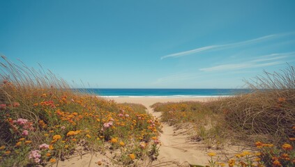 Bright blue summer sky over a coastal landscape, used as a scenic backdrop for nature-themed wallpapers, Earth Day