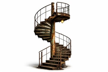 Rusty metal spiral staircase with peeling paint and industrial design elements on white background