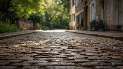 Obraz premium Cobblestone paved street, city surface emphasizing traditional paving techniques